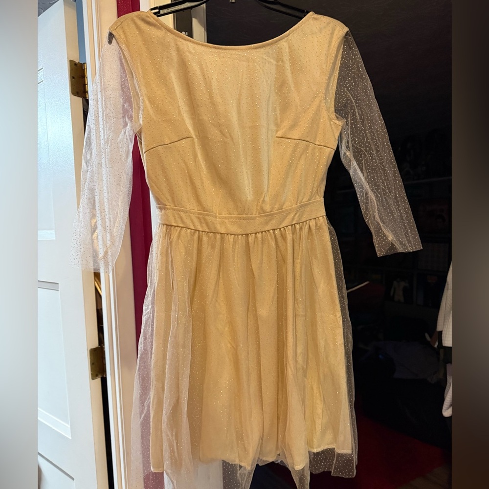 Elegant Cream Sheer Sleeve Dress with Sparkles, Open Back! New!! - Picture 3 of 14
